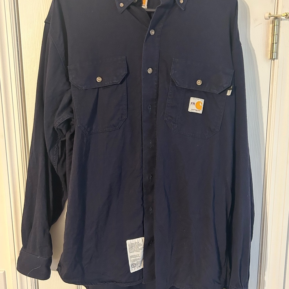 Carhartt FR Fire Retardant Navy Blue Work Shirt Long Sleeve Men’s Large